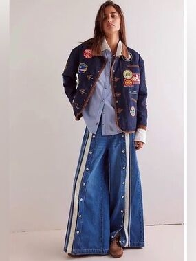 Free People Denim Wide Leg Jeans with White Side Stripes